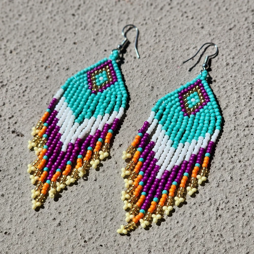 Yaz Green Chandelier Earrings Rice Beads Hook Bohemian Ear Jewelry Multi - Picture 2 of 2